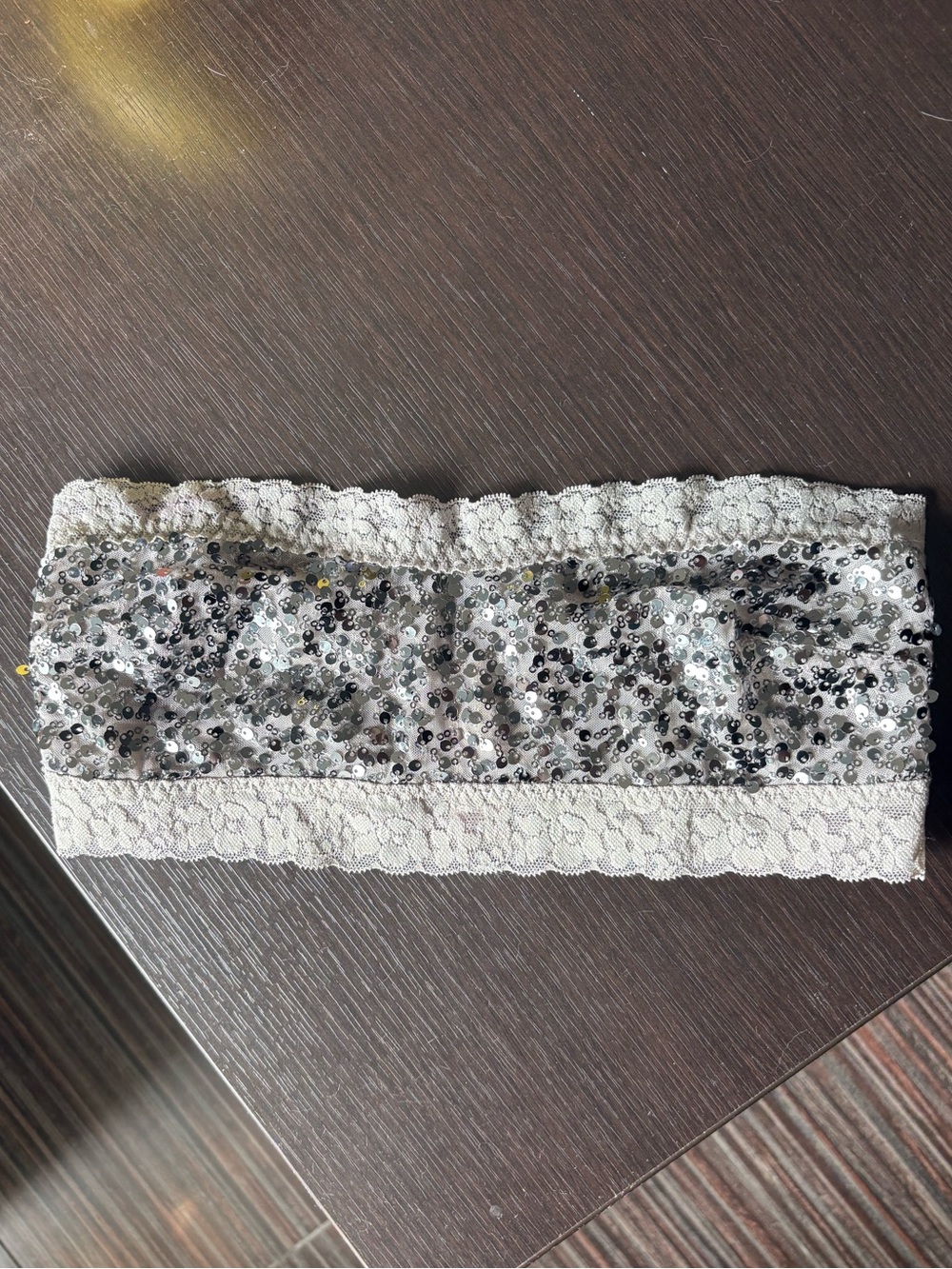 Y2K La Senza Sequin Lace Bandeau Tube Top in Silver and Cream